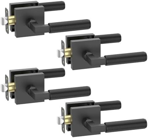 FILTA 4 Pack Matte Black Passage Door Handles, Knurled Door Levers Interior Matte Black Door Lever Bathroom Door Knobs Heavy Duty Square Door Lock