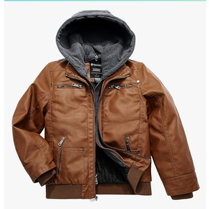 Wantdo Boy's Faux Leather Jacket Zipper Up Hoodie Zipper Coat with Removable Hood M