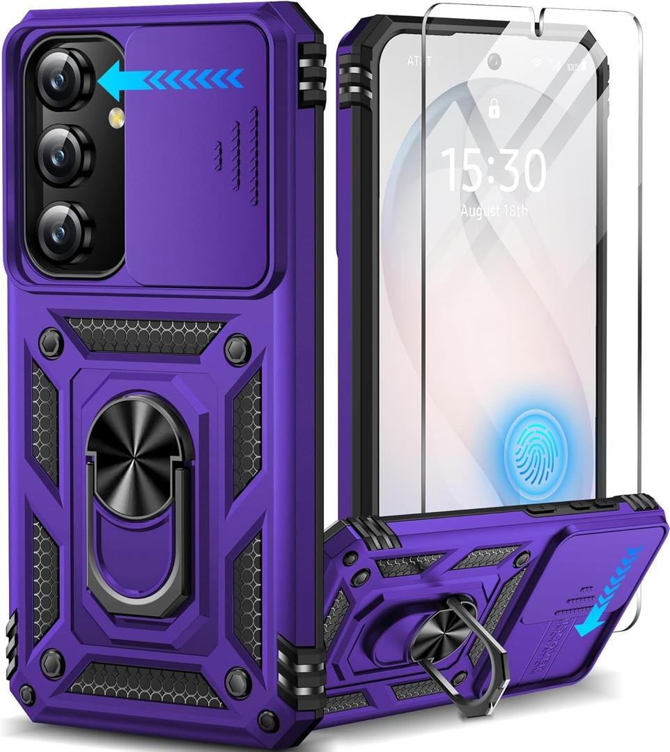 Taisairu for Samsung Galaxy S26 Case with Screen Protector & Slide Camera Lens Cover,Built-in 360Rotate Magnetic Ring Stand Shockproof Protective Phone Case for Samsung S26 Case (Purple)