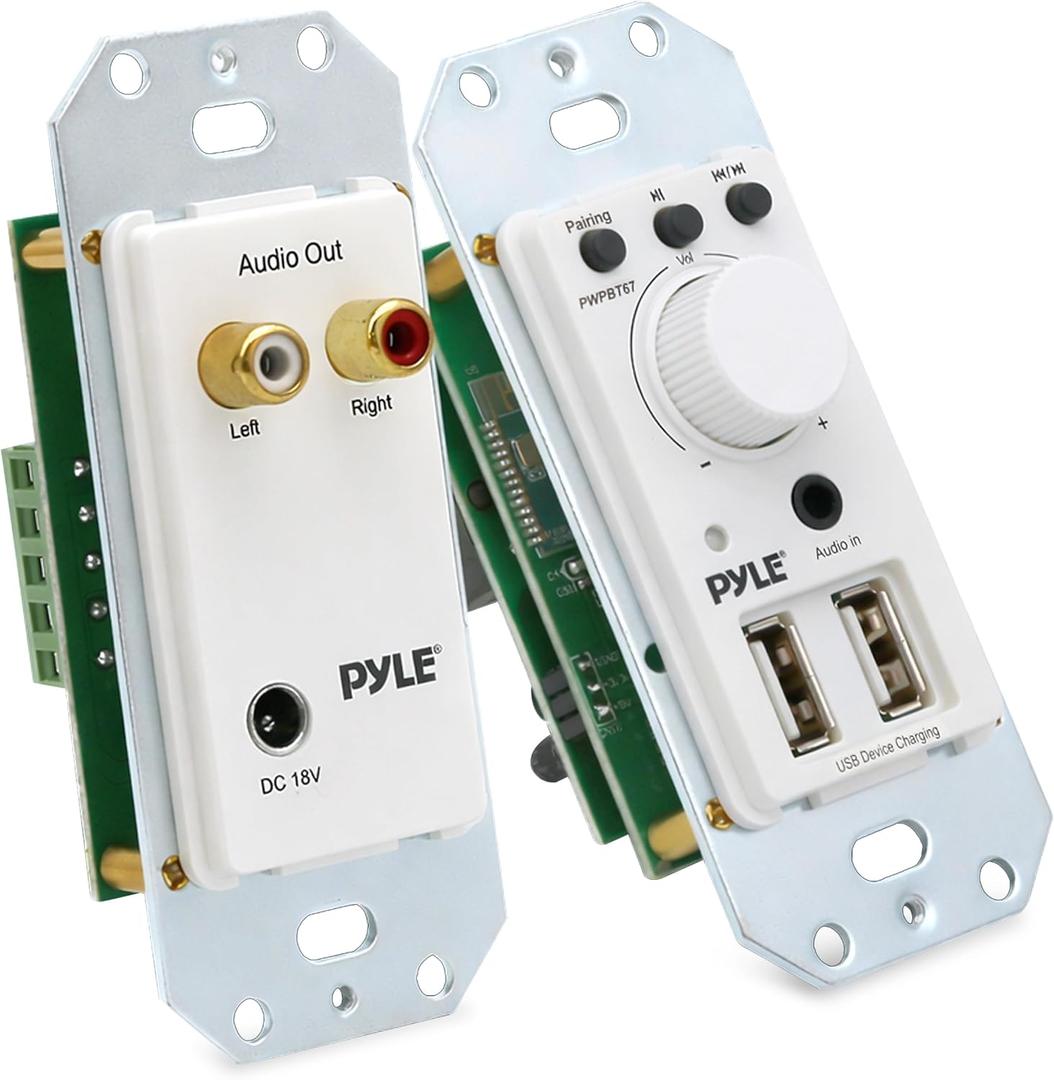 Pyle Bluetooth Receiver Wall Mount - In-Wall Audio Control Receiver w/ Dual USB Charging Port, 3.5mm AUX Input for Sound Systems - For Home Theater Entertainment - Includes DC Power Adaptor - PWPBT67