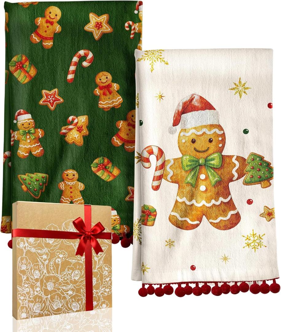 Christmas Kitchen Towels with Tassels - Cotton Christmas Kitchen Towels 16x26 Inch Terry Cloth Decorative Xmas Theme Dish Towel for Holiday Cute Designs with Gingerbread Man for Gifting