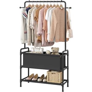 Calmootey Clothing Rack with Storage Bag, 3-in-1 Garment Rack, Non-woven Shelves for Shoes, Clothes Rack for Bedroom, Hallway, Entryway, Black
