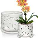 KERUITA Orchid Pots with Holes,6 inch + 5 inch Ceramic Planters Set of 2 with 2 Bottom Tray, Enhanced Drainage and Ventilation,White Flower Pots for Indoor/Outdoor Plants for Repotting
