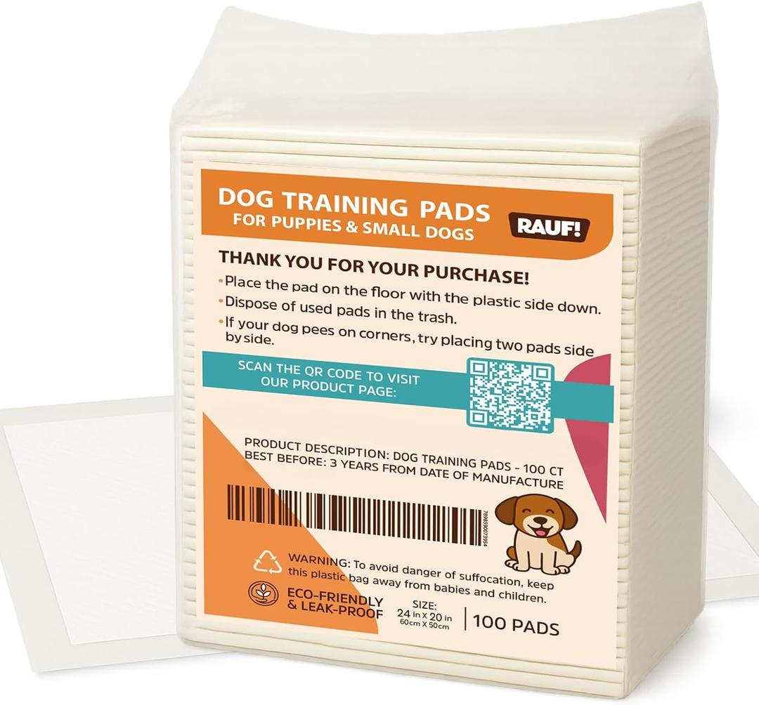 RAUF! Puppy Pads Premium SAP with Odor Control Technology  100 Count, 24" x 20", Super Absorbent, Leak-Proof, Quick Dry - Puppy Pad, Training Pad, Pee Pad with Adhesive Strips - Size Medium