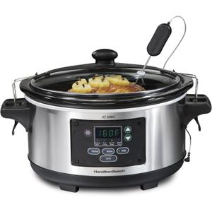 Hamilton Beach Portable 6 Quart Set & Forget Digital Programmable Slow Cooker with Lid Lock, Temperature Probe, Dishwasher Safe Crock & Lid, Stainless Steel (33969A)