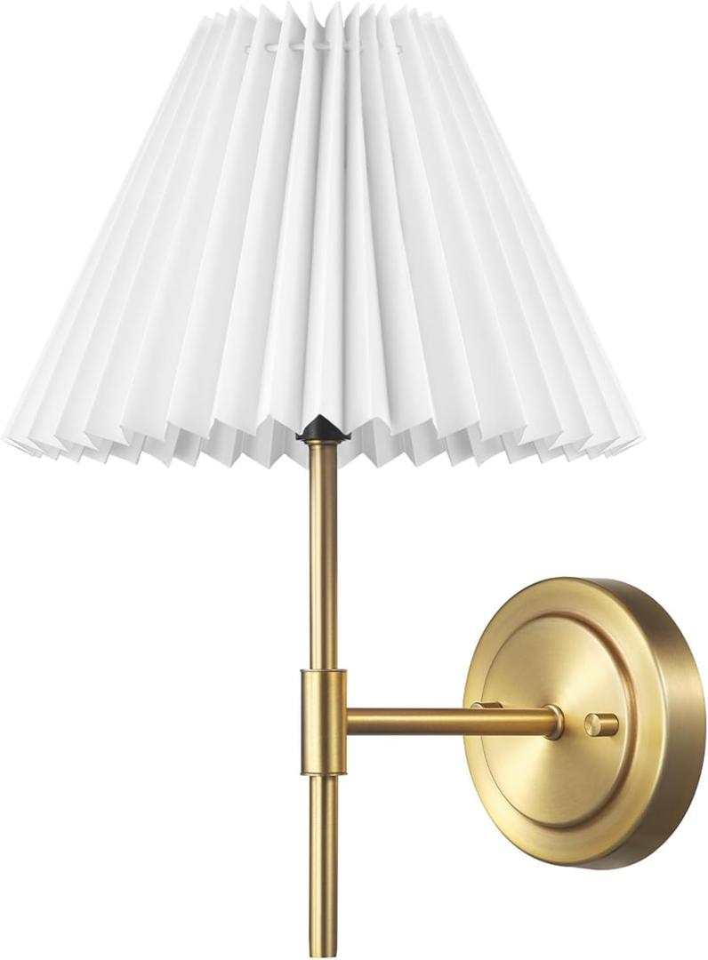 GLOBE 1-Light Wall Sconce, Matte Brass, White Pleated Fabric Shade, E12 Base Socket, Candelabra Bulb, Living Room Lighting, Home Essentials, Dcor, Bedroom, Mounted Bedside Lamp (Gold, White Pleated Shade)