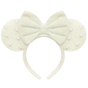 Trnerm Beige Fuzzy Mouse Ears Headband for Women, Cute Beads Headband with BowsHalloween Costume Accessory