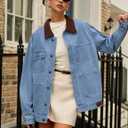 Denim Jacket for Women Contrast Collar Oversized Jean Jacket Women Long Sleeve Button down Barn jackets Coat (Medium, Blue)