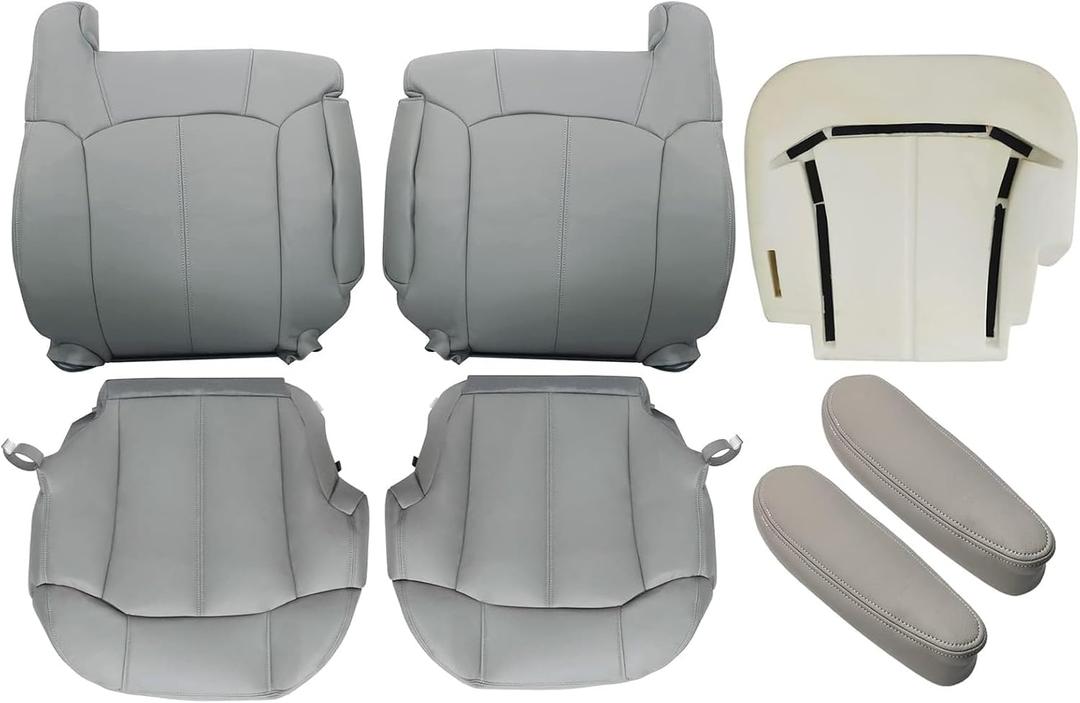 SecosAutoparts Driver & Passenger Bottom & Top Lean Back & Armrest & Driver Foam Cushion Gray#922 Leather Seat Cover Compatible with Chevy Silverado Tahoe Sierra Suburban Avalanche 1999 2000 2001 2002
