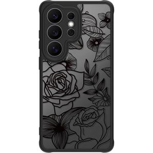 Dumkery Cute Phone Case for Samsung Galaxy S26 Ultra, Aesthetic Black Line Art Floral Rose Pattern, PC and TPU Full Protection Shockproof Cases Cover for Girls Women