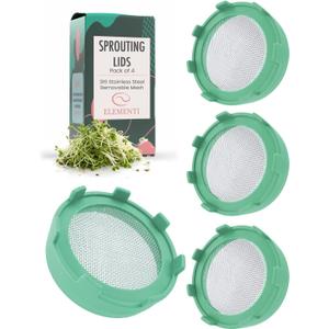 Elementi Sprouting Lids for Wide Mouth Mason Jars (Set of 4), Sprouting Jar Kit for Organic Sprouts, Alfalfa & Mung Bean Sprouts Grow Kit, 316 Stainless Steel Mesh Screen Strainer Lid (Mint Green)