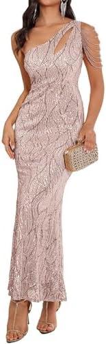 Elegant Sequin Dresses for Wedding Guest One Shoulder Dress for Women with Bead Maxi Formal Gowns, M