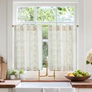 jinchan Boho Kitchen Curtains Linen Cafe Tier Curtains 45 Inch Bohemian Geometric Striped Mudcloth Small Window Drapes for Living Room Bathroom Light Filtering Back Tab 2 Panels Sage Green on Flax