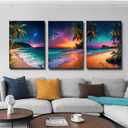 Weiyiart 3-Piece Tropical Beach Wall Art, Northern Lights Ocean Sunset Canvas Prints, Palm Tree Coastal Seascape Decor for Living Room Bedroom Bathroom Office, 12"x16" Set of 3