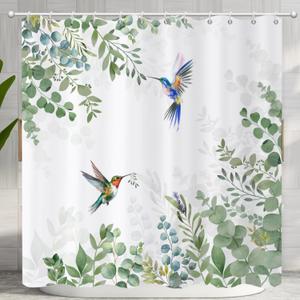 Spring Shower Curtain, Hummingbird Sage Green Eucalyptus Leaves Botanical Floral Bathroom Curtain Waterproof Fabric Machine Washable with Hooks, 72" Wx72 L