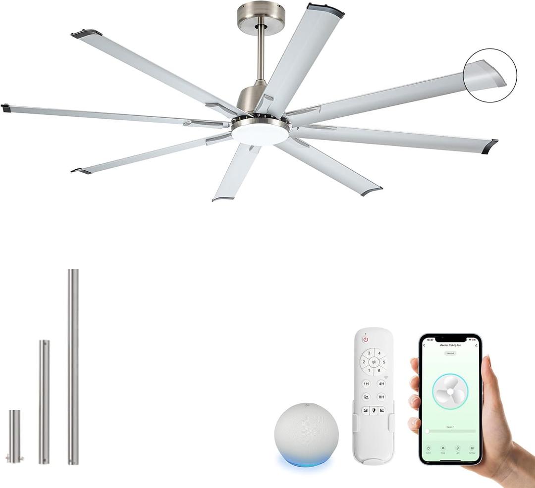72 Inch Ceiling Fan with Light,Industrial Ceiling Fan with 8 Nickel Aluminum Blades,Smart Fan Works with Alexa,Garage Outdoor/Indoor Fan for Patio and Living Room