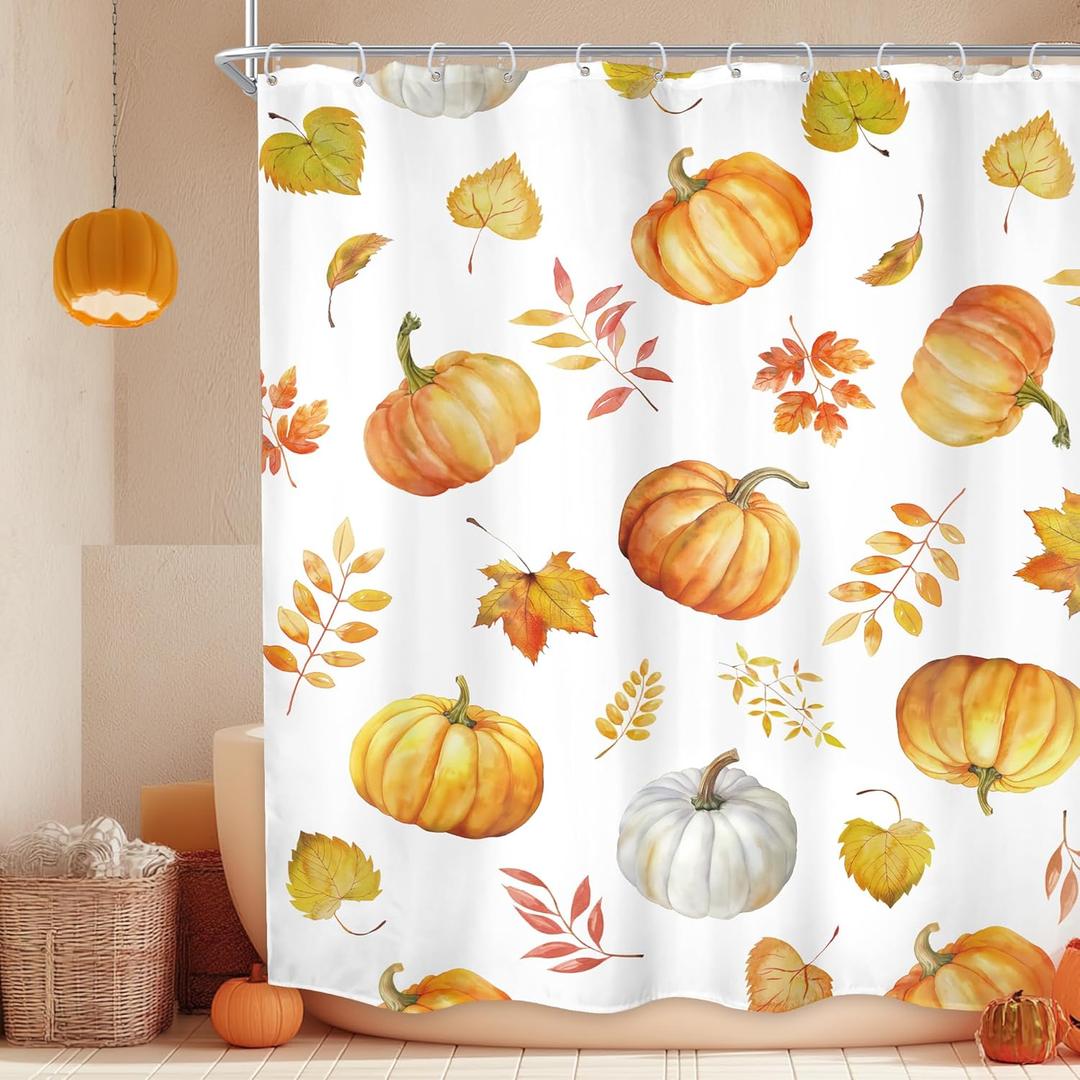 Riyidecor Autumn Fall Shower Curtain 60Wx72H Inch Pumpkin Maple Leaves Farmhouse Rustic Thanksgiving Harvest Orange Farm Plant Botany Bathroom Decor Fabric Polyester Waterproof 12 Pack Hooks