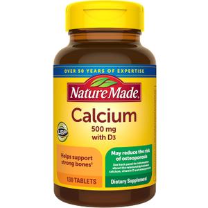 Nature Made Calcium 500 mg with Vitamin D3, Calcium and Vitamin D Supplement for Bone Support, 130 Tablets (EXP 10/01/27)