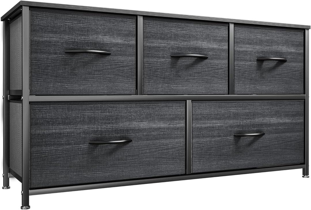 YITAHOME Dresser with 5 Drawers - Fabric Storage Tower, Organizer Unit for Bedroom, Living Room, Closets - Sturdy Steel Frame, Wooden Top (Cool Black Wood Grain)