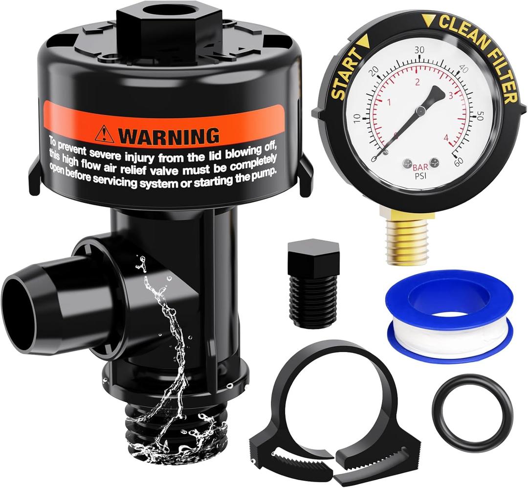 Manual Air Relief Valve for Pool and Spa Filters, Pool Filter Air Relief Valve with Pressure Gauge Replacement, Air Relief Valve for Pool Filter, Includes Gauge Plug, Pressure Gauge, O-Rings, Clips.
