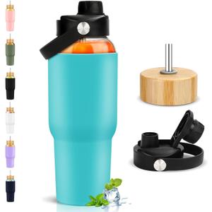 PROBTTL 40 oz Glass Tumbler with Handle - Sports Clear Borosilicate Glass Water Bottle with Straw, Silicone Sleeve, 2 Lids - Handle Spout & Bamboo Straw Lid, Fits Car Cup Holder, Leakproof (Aqua)