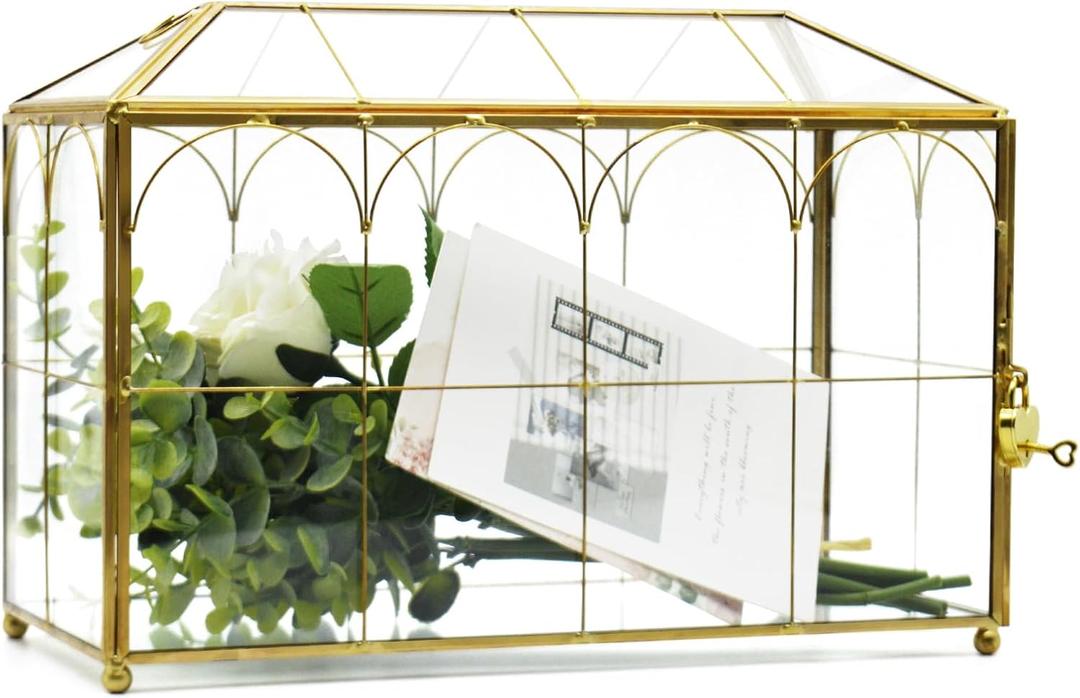 Large Gold and Glass Card Box for wedding with Lock and Slot - Wedding Envelope Card Holder for Reception Clear Lock Box with Key Geometric Handmade Vintage Card Box for Wedding Party