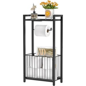 Freestanding Toilet Paper Holder with Storage Shelf – Bathroom Tissue Stand with Space for Phone, Tablet, and Magazines – All-in-One Toilet Roll Dispenser and Organizer