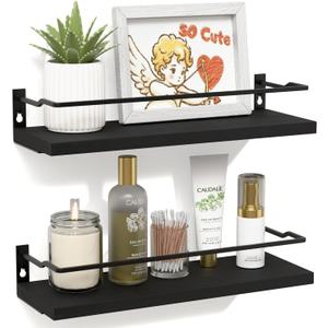RICHER HOUSE Bathroom Shelves, Black Floating Wall Shelf Organizer Over Toilet Storage with 2 Shelves