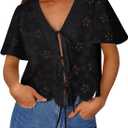 Trendy Queen Womens Summer Tops Cute Boho Blouses Beach Vacation Spring Outfits 2026 Tie Front Eyelet Embroidered Clothes (Black, M)