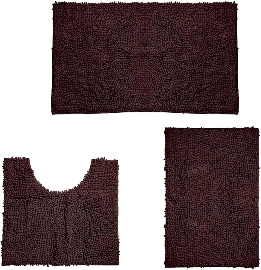 3 Pieces Bathroom Rugs Set Absorbent Shower Mat for Bathtub Non-Slip U-Shaped Toilet Mat Soft Chenille Bath Carpet Comfortable Floor Mats for Kitchen Bedroom 15.5" x 47" Mat, Brown