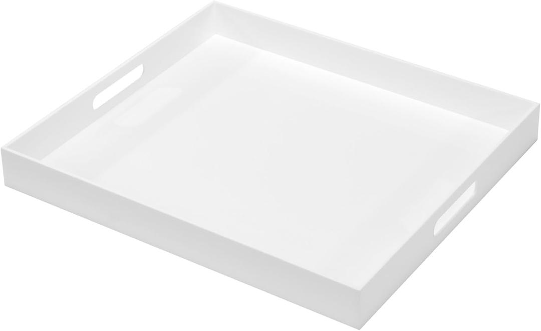 Large Glossy White Acrylic Serving Tray (1816 Inches) with Cut Out Handles Spill Proof Acrylic Decorative Tray Organiser for Ottoman Coffee Table Countertop