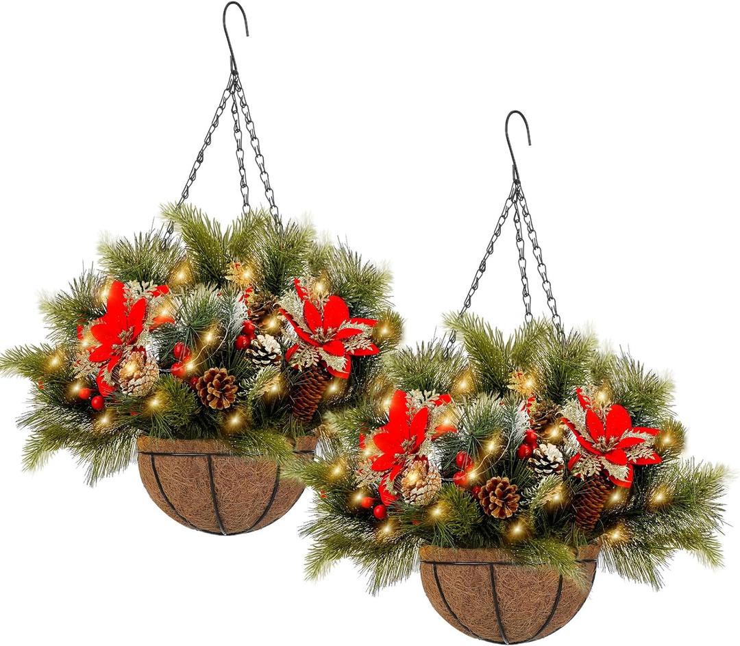 Riceshoot 2 Pcs Lighted Valentine's Hanging Baskets for Front Porch Artificial Valentines Hanging Basket Decorated with Pine Cones Berry and Lights for Outdoor Garden Patio Holiday Decoration
