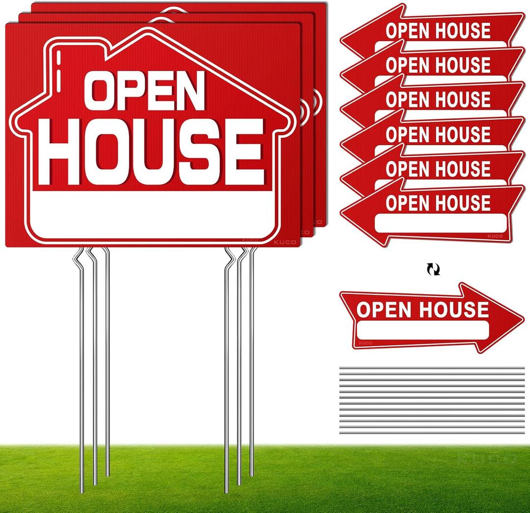 Open House Signs for Real Estate (9 Pcs), 6 Pcs Directional Arrows Signs, 3 Pcs Open House Sign, Double Sided Large Yard Sign with Stakes, Real Estate Agents Supplies, Flag - compatible, Red