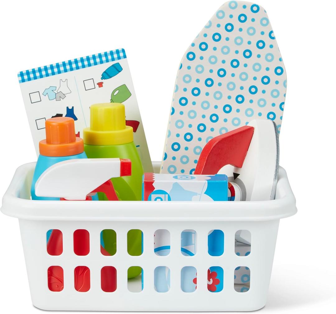 Melissa & Doug Laundry Basket Play Set with Wooden Iron, Ironing Board, and Accessories (14 Pcs) Pretend Play Laundry Set for Kids with Iron