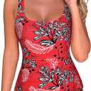 Hilor Women's Underwire Tankini Tops Tummy Control Bathing Suit Top Swimsuit Modest Swim Tank Top Only (8, Red&white Floral)