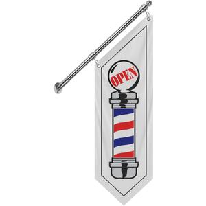 Barbershop Flag, Double-Sided Open Flag with Pole Kit & Wall Mount, Outdoor 3-Ply Thick Polyester Barber Sign for Haircut Business, 12"x42" (White-W, 27")