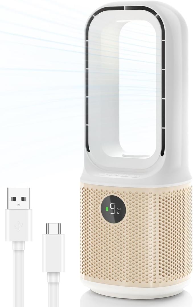 Desk Fan, Small Quiet Bladeless Fan with 9 Speed Adjustment & 3 Light Modes, 14 Inch USB Rechargeable with 5000mAh Battery, 60 Oscillating Cooling Fans for Office, Living Room, Bedroom White (Beige)