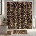 LIGHTINHOME 4 PCS Leopard Print Shower Curtain Set 72Wx72H,Toilet Lid Cover,Non-Slip Rugs and U-Shaped Mat,Wild Safari Cheetah Bathroom Sets with Rugs Shower Accessories 12 Hooks for Bathroom Decor (Black Brown)