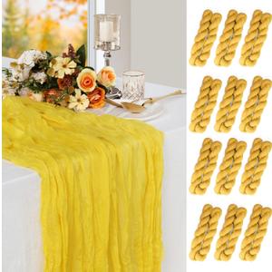 12 Pack Yellow Cheesecloth Table Runner 10 ft, Long Boho Gauze Table Runner, Rustic Cheese Cloth Table Runner for Wedding, Dinner, Baby Shower(Yellow 30#-12p)