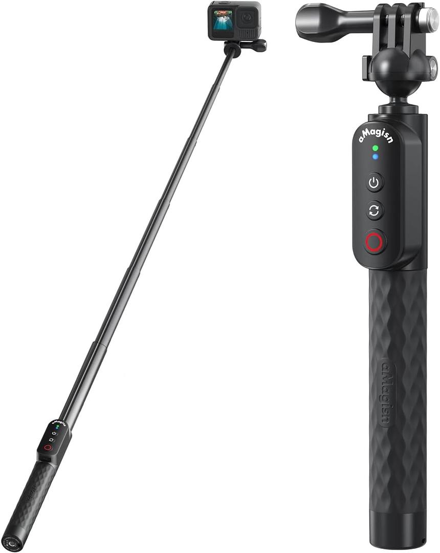 Remote Control Selfie Stick Rechargeable Waterproof 100CM Stretchable Compatible with Insta360/Gopro Action Camera and iOS Android Smartphone (Ball Head Three-Prong)