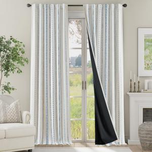 jinchan 100% Blackout Curtains 96 Inches Long for Bedroom, Boho Insulated Curtains Blue Striped Pattern Geometric Drapes Back Tab Rod Pocket Room Darkening Retro Farmhouse Pattern 2 Panels