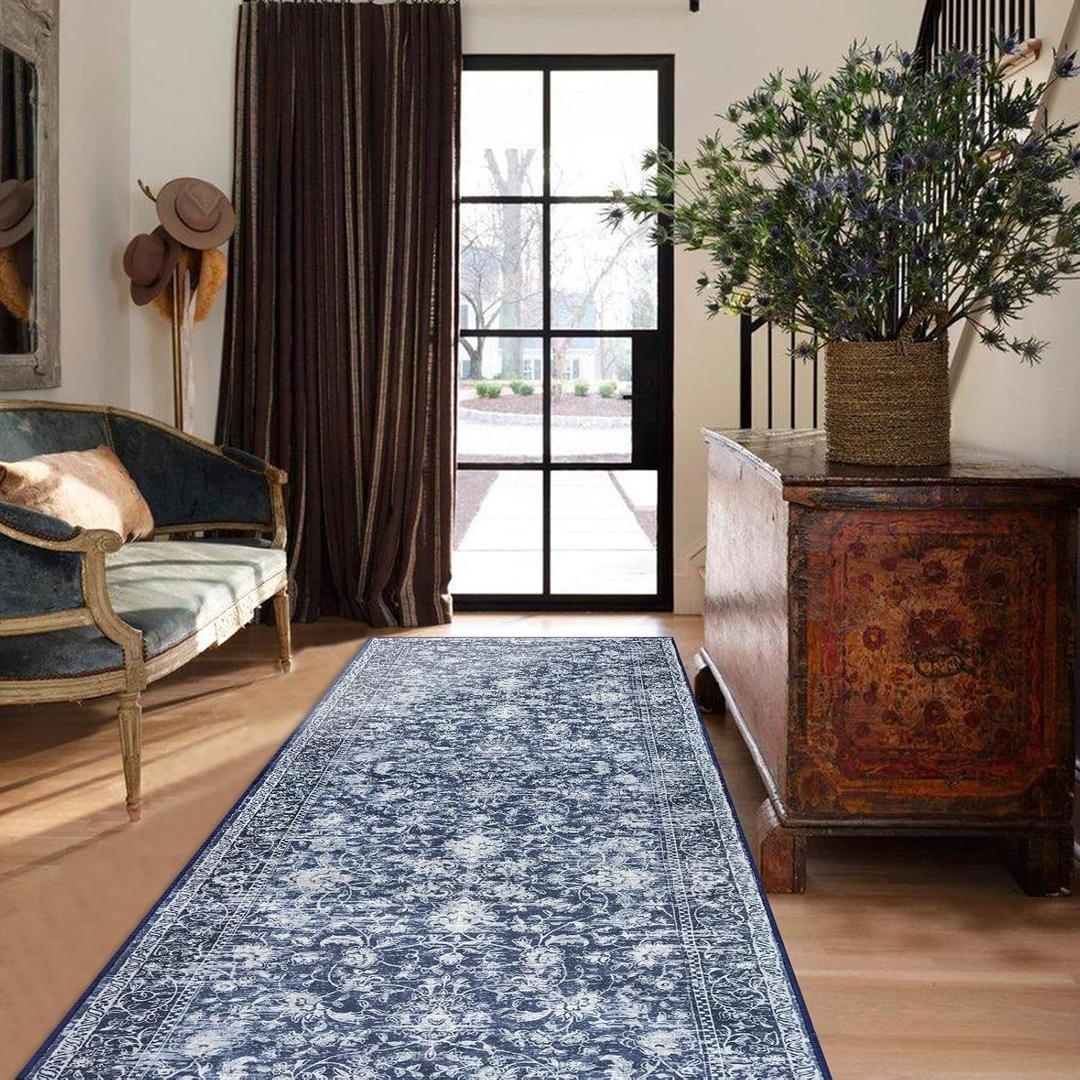 KILOCOCO Hallway Runner 2.6x8 Rug Runner Printed Vintage Floral Washable Kitchen Runners Non-Slip Rubber Backed Runners for Hallways Laundry Room Distressed Boho Rugs for Entryway Bedroom, Blue (Blue/Navy/White)