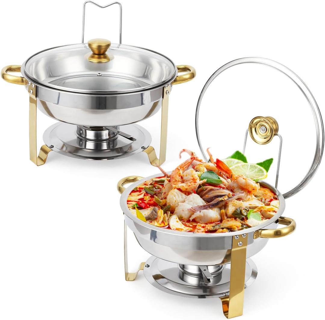GarveeHome Chafing Dish Buffet Set 2 Pack 5 QT, Stainless Steel Round Chafing Dishes for Buffet With Lid Holder & Glass Lid, Buffet Servers and Warmers for Parties, Wedding, Camping, Dinner, Gold