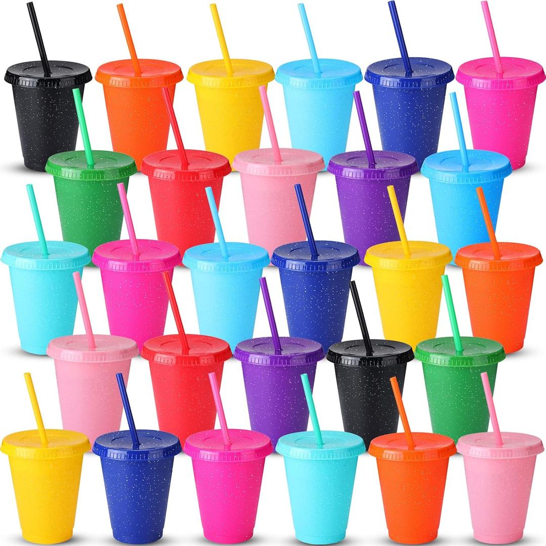 36 Pcs Glitter Reusable Tumbler with Straws and Lids,Plastic Cup with Lids and Straws Bulk,Water Bottle Iced Coffee Cold Drink Travel Mug,Colorful Cups for Party Birthdays (16 Oz/ 500 Ml)