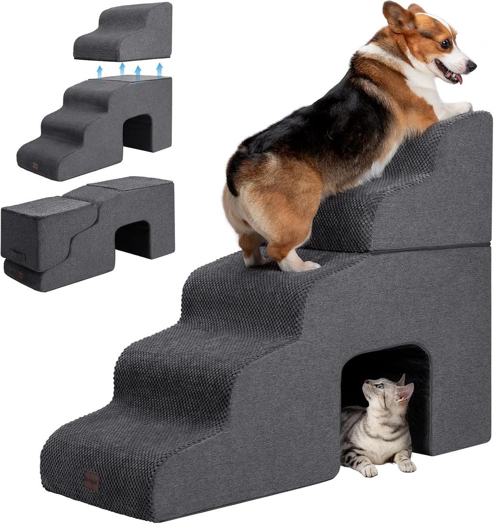 Garnpet Dog Stairs for High Beds with Tunnel, 5-Step Dog Steps for Small Dogs and Cats, Foldable Pet Stairs for High Bed Climbing, Non-Slip Balanced Pet Step Indoor, Dark Grey