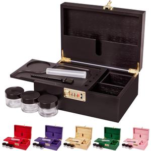 Lockable bamboo storage box with removable tray and partitioned wooden decorative storage box, including jars, brushes, and tubes  odor-resistant container for home organization and storage (black)