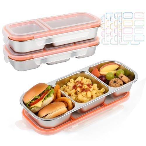 2 Pack Stainless Steel Snack Containers, 3+2 Compartment Snack Boxes, Reusable Snack Containers with Lids for Adults - Leakproof Divided Metal Food Storage Bento Lunch Box for Work, Office, Travel