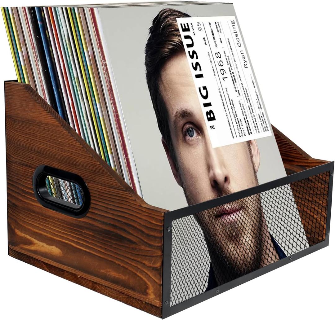 Vinyl Record Storage, Rustic Record Holder,Record Crates for Vinyl, Pine Wood & Metal Record Box for Display, 60-Record Capacity LP Album Organizer