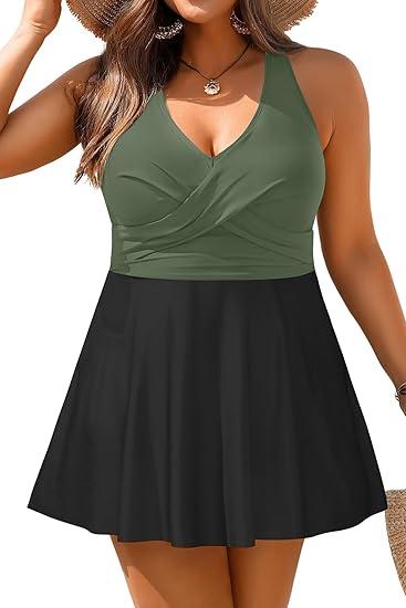 Plus Size Tankini Swimsuit - Two Piece Swimsuit Dress Tummy Control Swimwear 2025 Cross Back Bathing Suit (Olive Green), 14Plus