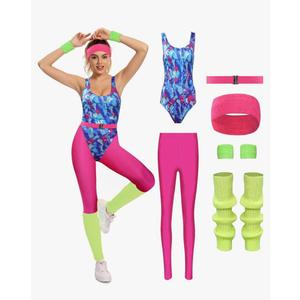 Womens Aerobics Costume 80s Workout Outfit 90s Accessories Set Retro Jogging Suit Waist Bag Gym Yoga Running, Medium